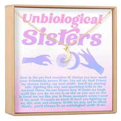 a necklace with the words unbiological sisters written on it in pink and blue