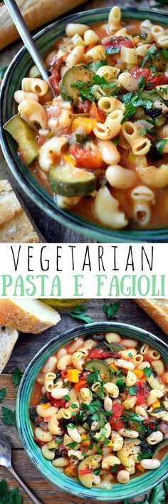 two pictures of pasta and vegetables in a bowl with bread on the table behind them