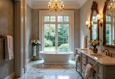 a bathroom with a tub, chandelier and two sinks in front of a large window