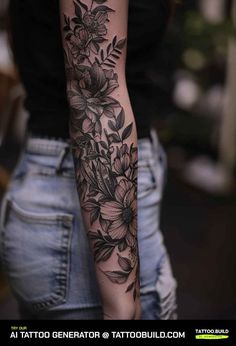 a woman's arm with flowers and leaves tattooed on the side of her arm