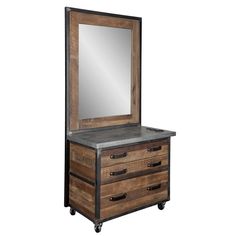 a wooden dresser with a mirror on top and drawers underneath it, against a white background