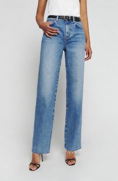 Reformation Val Baggy Distressed Straight Leg Jeans | Nordstrom Mid Rise Straight Jeans, Distressed Straight Leg Jeans, Clothes Wishlist, Denim Outfits, Straight Fit Denim, Indigo Jeans, Jean Crafts, Runway Trends, Denim Trends