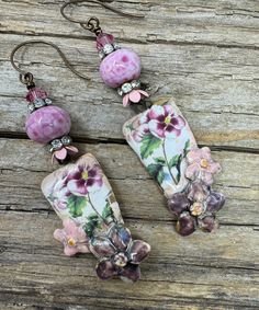 Floral Earrings, Ceramic Earrings, Boho Hippie Earrings, Artisan Made, OOAK Bohemian Pink Hand Painted Earrings, Artistic Pink Flower Jewelry, Artistic Handmade Pink Earrings, Artisan Pink Nickel-free Earrings, Artistic Pink Nickel-free Earrings, Artistic Pink Dangle Jewelry, Unique Soldered Drop Earrings, Artisan Pink Drop Earrings, Artistic Flower-shaped Earrings With Ear Wire