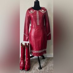 Beautiful Outfit Made By Riding High Usa. Deep Red Leather, With Rhinestone Accents And Fringe. Comes With Matching Belt And Boots. Made For A Rodeo Queen But Never Worn. Rodeo Queen Clothes, Queen Clothes, Rodeo Queen, Leather Outfit, Deep Red, Rodeo, Beautiful Outfits, Red Leather, Queen