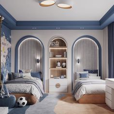 a bedroom with two beds and blue walls