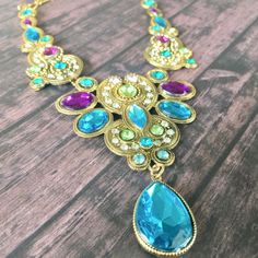 Gold Purple Blue Rhinestone Bib Necklace Antique Goldtone Plating With Purple Rhinestones, Turquoise Blue Rhinestones, Green Rhinestones, And Clear Rhinestones 22” Long With 2” Extender.