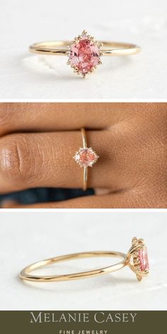 two different views of an engagement ring with pink stones on the side and yellow gold band