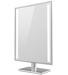 a large white mirror sitting on top of a metal stand