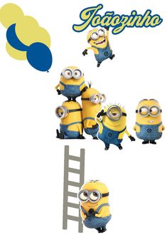 the minions from despicable memes is flying in front of some balloons and a ladder