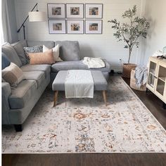 a living room filled with furniture and a rug on the floor next to a window