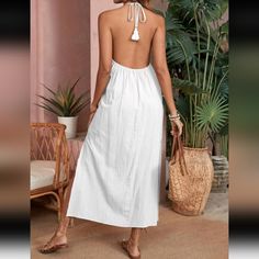 Nwot Vcay Sleeveless Long Dress With Tassel, Open Back & Halter Tie, L (8-10), White Nwot, Brand New, Never Worn!!! A Trip To The Pool Or Beach Isn't Complete Without This White Swim Cover-Up Dress! This 100% Cotton Gauzy, Crinkle-Woven Swim Cover-Up Is Perfect For Pulling On Over Your Swimsuit And Hitting The Town. This Backless Dress Has Tasseled Ties Above A Midi Skirt With Side Slits. - L (8-10) - White - Boho - A Line - Cami - Backless - Halter - Sleeveless - Midi - 100% Cotton - Machine Wa Beach Sleeveless Dress With Spaghetti Straps And Tie Back, Summer Sleeveless Maxi Dress With Tie Back, White Backless Sleeveless Summer Dress, White Halter Neck Sleeveless Summer Dress, White Halter Neck Sleeveless Dress For Beach, White Backless Sleeveless Dress For Vacation, Sleeveless Cotton Sundress For Beach Season, White Sleeveless Backless Dress For Vacation, Summer Sleeveless Tie Back Dress For Beach