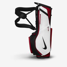 the nike golf stand bag is shown in white and red