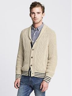 Cable-Knit Shawl-Collar Cardigan Librarian Style, Cardigan Shawl, Knit Shawl, Shawl Collar Cardigan, Men's Sweaters, Work Suits, Collar Cardigan, Men's Apparel, Knitted Shawls