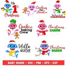 baby shark svg files for christmas and other holiday designs, including santa's hat