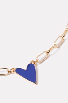 A blue enamel heart adorns this stylish EVEREVE necklace, featuring a paperclip chain and 14k gold plated finish. | EVEREVE Women's Aja Enamel Heart Necklace, Blue Blue Jewelry With Paperclip Chain As Gift, Blue Jewelry With Paperclip Chain For Gift, Trendy Blue Jewelry With Heart Charm, Trendy Blue Heart Pendant Jewelry, Blue Heart Necklace, Necklace Blue, Navy Gold, Blue Heart, Paper Clip