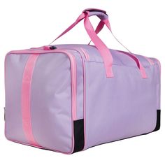 a purple duffel bag with pink straps on the handle and bottom part is shown