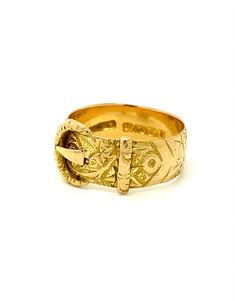 18ct YELLOW GOLD HALLMARKED 1912 BUCKLE BAND RING Beautifully carved 18ct gold buckle ring clearly hallmarked 1912, Birmingham Assay Office. This lovely example is 7.9mm in width and a finger size Q 1/2 Total weight is 6.1 grams  The ring has been well loved and clear, attractive carving is still evident around the whole of the front of the ring, with general wear to the back as one would expect of a ring this age. This ring will be presented in a black leatherette ring box. Please feel free to Heirloom 14k Gold Ring With Decorative Band, Heirloom Gold Jewelry With Decorative Band, Heirloom Ring With Decorative Band In 14k Gold, Yellow Gold Oval Jewelry With Decorative Band, Decorative Oval Yellow Gold Jewelry, Oval Yellow Gold Jewelry With Decorative Band, Victorian Gold Engraved Collectible Ring, Heirloom Rings With Decorative Band, Victorian Gold Engraved Ring With Decorative Band