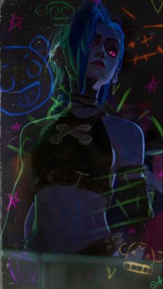 a woman with blue hair standing in front of neon lights and writing on the wall