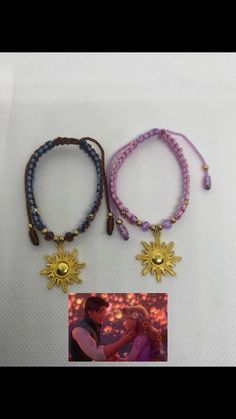 two bracelets with charms and an image of the same person on them, one has a sun charm