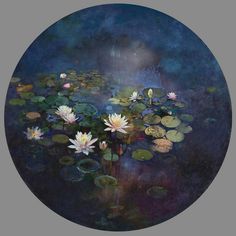 a painting of water lilies in a pond