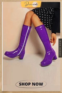 Solid Patent Leather Round-toe Block Heel Long Boots Polyurethane Closed Toe Party Boots, Retro Round Toe Party Boots, Purple Closed Toe Boots For Fall, Fall Purple Closed Toe Boots, Purple Round Toe Boots For Fall, Fall Purple Round Toe Boots, Retro Pointed Toe Party Boots, Retro Pointed Toe Boots For Party, Faux Leather Boots With Round Toe For Party