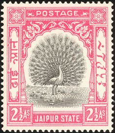 a stamp with a pink and black peacock on it's back side, in front of