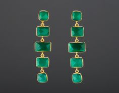 This pair of five-tier green onyx earrings would be nice reward for yourself or a great gift for your mother or best friend. Each one has five green onyx stones set in gold vermeil bezels and connected in tandem. 1. Stones : green onyx  2. Stone shape and size: middle stone: about 16 x 10 mm other stone about  :  12 x 10 mm, 3. earring total length ~ 64 mm 4. bezel material: 24k gold vermail 5. earring post: 24k gold vermail 6. if sending as a gift, a personalized note card can be included Earri Elegant Green Onyx Earrings For Gift, Green Onyx Gemstone Earrings As Gift, Green Onyx Drop Earrings For Gifts, Elegant Green Onyx Drop Earrings, Green Onyx Earrings For May Birthstone Gift, Elegant Green Rectangular Earrings, Green Onyx Dangle Earrings Gift, Green Onyx Dangle Jewelry For Gift, Elegant Green Onyx Dangle Earrings