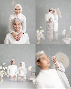 four different shots of people dressed in white and posing for the camera with their arms around each other