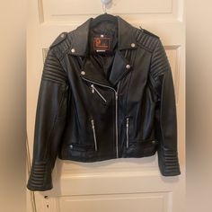 Black Mdium Moto Classic Leather Jacket Purchased In Mexico Real Leather. Sizing On Jacket Is Not Us Sizes Fits More Like A Medium Please Look At Measurements Nwot Never Worn Black Long Sleeve Moto Outerwear, Black Outerwear For Fall Biker Events, Black Moto Biker Jacket For Fall, Black Biker Jacket For Fall Biker Events, Black Biker Jacket For Fall Events, Tan Suede Moto Jacket, 80s Blazer, Classic Leather Jacket, Womens Black Leather Jacket