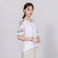 High Low Hem Embroidered Plants Loose T-Shirt - rrdeye White Floral Embroidered Short Sleeve T-shirt, White Floral Embroidery Short Sleeve T-shirt, White Floral Embroidered T-shirt, White Embroidered T-shirt For Summer, White Short Sleeve T-shirt With Floral Embroidery, Relaxed Fit Blouse With Floral Embroidery And Short Sleeves, Embroidered Short Sleeve Blouse With Relaxed Fit, White Embroidered Casual Shirt, White Cotton Short Sleeve Top For Spring