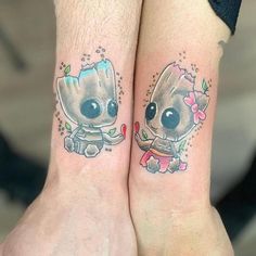 two small tattoos on the arms of people, one with a baby grooter