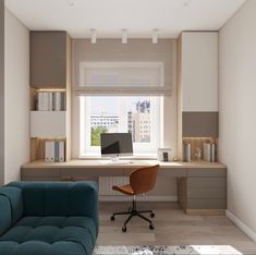 a living room with a couch, computer desk and bookshelf