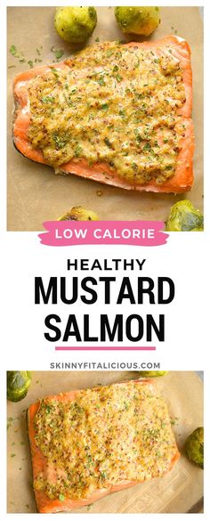 the salmon is cooked and ready to be served in the slow cooker, with text overlay that reads low calorie healthy mustard salmon salmon