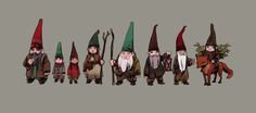 a group of gnomes standing next to each other in front of a gray background