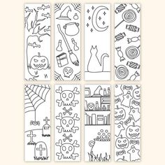 six halloween coloring pages with black and white designs