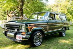 an old station wagon is parked in the grass