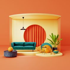 a living room with an orange wall and blue couch in the center, potted plant next to it