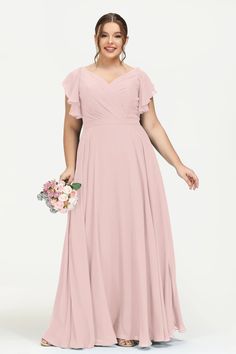 V Neck Flutter Sleeves Floor Length Dress With Ruffles – DUNTERY Feminine V-neck Maxi Dress With Fitted Bodice, Summer Bridesmaid Gown With V-neck, Formal Chiffon V-neck Gown, V-neck Ruffled Gown For Prom, Pink Chiffon V-neck Maxi Dress, Elegant V-neck Gown With Ruched Bodice, Feminine Evening Chiffon Dress With V-neck, Elegant Flowy V-neck Dress, Feminine V-neck Dress For Prom