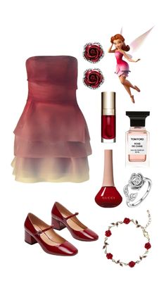 a woman's outfit and accessories including shoes, lipstick, necklaces and bracelet