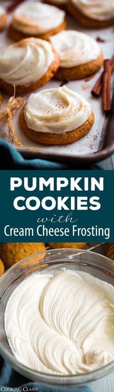 pumpkin cookies with cream cheese frosting in the middle and an image of cinnamon spice on top