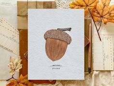 an acorn on paper surrounded by autumn leaves