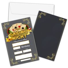 a casino night birthday party ticket card with playing cards on the front and back side