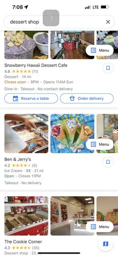 an iphone screenshot shows the menus and prices for desserts on sale in stores