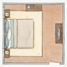 an overhead view of a bedroom with a bed