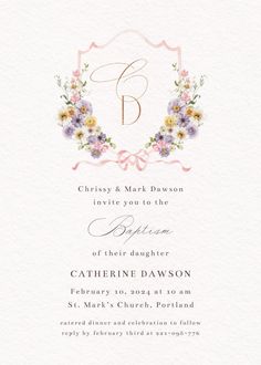 a wedding card with flowers and the letter b in gold, purple, and pink