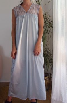 "Vintage baby blue maxi nightgown's. 90's powder blue long lace dress. Fits like a M. 100% nylon. Measurements lying flat: Bust: 50cm / 19.7\" length: 129cm / 50.8\" Very good condition." Light Blue Sheer Dress For Daywear, Blue Sheer Sleep Dresses, Sheer Blue Sleep Dresses, Long Lace Dress, Fun Pants, Women's Nightgowns, Lace Dress Long, Blue Maxi, Nightgowns