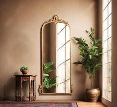 a room with a mirror, potted plant and table in front of the window