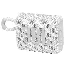 the jbl go portable bluetooth speaker is white and has a loop around it's neck