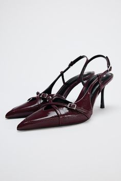 BUCKLED STRAP HEELED SHOES - Burgundy Red | ZARA United States Buckled Shoes, Zara Flats, Blazers Shoes, Burgundy Heels, Zara Heels, Buckle Shoes, Tshirt Skirt, Leather Ballet Flats, Back Strap