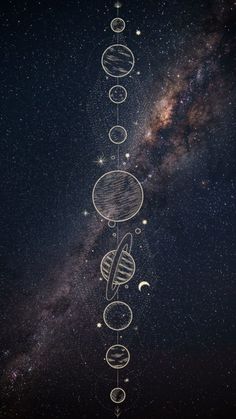 an image of the solar system with stars in the sky and planets around it, all drawn